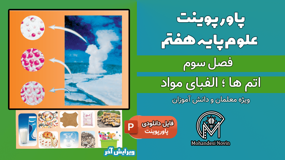 پاورپوینت اتم ها الفبای مواد - فصل 3 علوم پایه هفتم